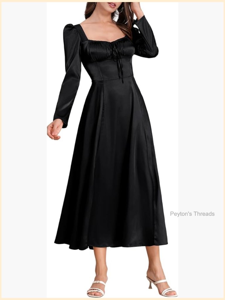 Women's Fall Floral Corset Dress Long Sleeve Maxi Lace Up Satin Sundress A-Line